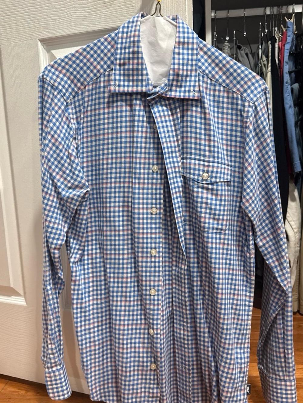 Vineyard Vines Blue and White Check Button-Up Shirt with Pink Accents